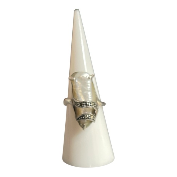 Huge Baroque Pearl Sterling Silver & Marcasite Statement Ring